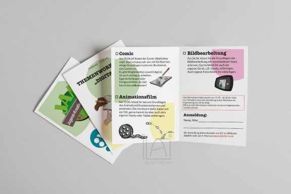 Bunt illustrierte Flyer, welche Infos über die Workshops "Comic", "Animationsfilm" und "Bildbearbeitung" enthalten.