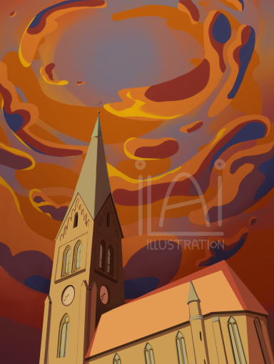 Man sieht eine Kirche in Froschperspektive. Der Himmel ist ein Farbenspiel aus rot-orange-gelben und blau-lila Wolken.